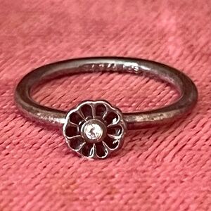 Dainty Sterling Silver Floral Ring with Tiny Clear Stone Signed SPJ